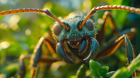 Close-up of an ant in the morning light. Macro photography