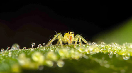 jumping spider on green leaf in the wild nature or in the gardenの写真素材