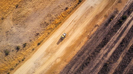 Aerial view of tractor working on wheat field in autumn season.
