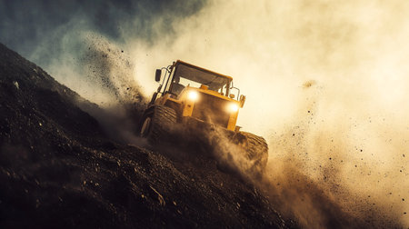Bulldozer working in coal mine. Mining industry. Selective focus.