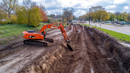 Excavator working on a road construction site in the fall.の写真素材