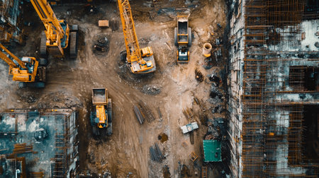 Aerial view of construction site with heavy construction machinery and cranesの写真素材