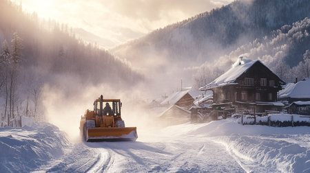 Snow plow on the background of a village in the Carpathians.