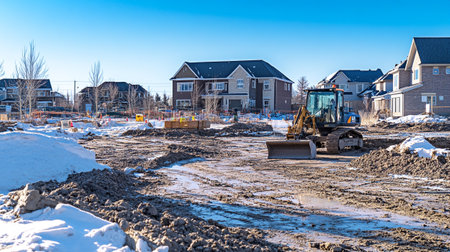 Construction of a new residential area on a sunny day in winter.