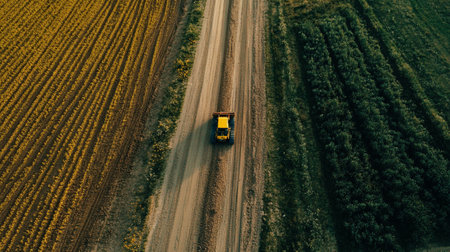 Aerial view of combine harvester working in the field.