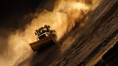 Bulldozer working in a coal mine. Heavy machinery working on coal mine.の写真素材