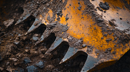 Close-up of a metal shovel lying on a pile of soilの写真素材