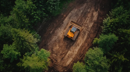Aerial view of a heavy duty excavator working in the forestの写真素材