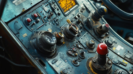 Interior of a vintage airplane cockpit with buttons and control panel.の写真素材