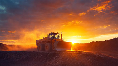 Bulldozer working on a road construction site at sunset, wide angle viewの写真素材