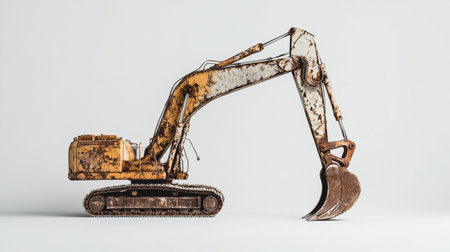 Old rusty excavator on a white background, close-up.の写真素材
