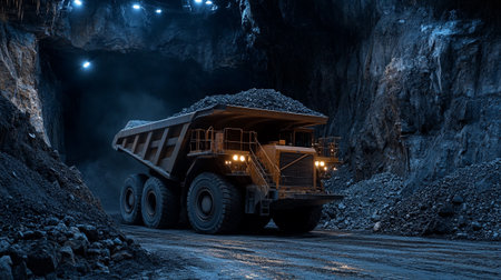 Open pit coal mine with big mining truck at night. Toned.