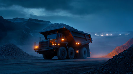 Dump truck in the mountains at night. 3d rendering.の写真素材
