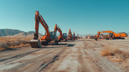Group of Excavators Working on a Dirt Road in the Desertの写真素材
