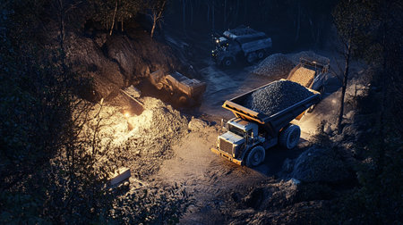 A large mining dump truck with a bucket full of coal in the forestの写真素材