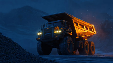 Dump truck in the mine at night. 3D rendering.の写真素材