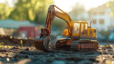 Miniature excavator on construction site. Excavator at workの写真素材