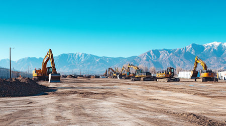 Excavator working on the construction site. Landscape with mountains and blue sky.