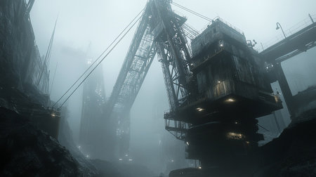 Coal mine in the middle of the forest with smoke and fog