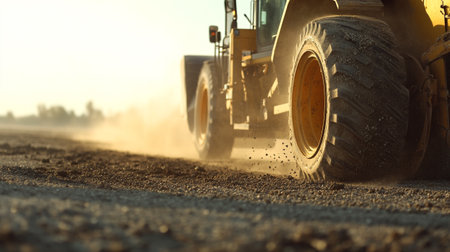 Tractor working on a road construction site, close-up
