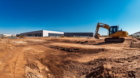 excavator at a construction site on a background of blue sky