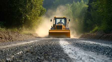 bulldozer working on a road construction site in a summer dayの写真素材
