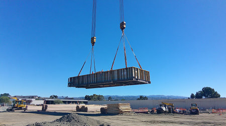 Crane lifting a cargo container at a construction site in California.