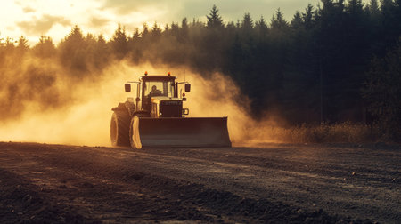 bulldozer working on a road construction site in the forest at sunset