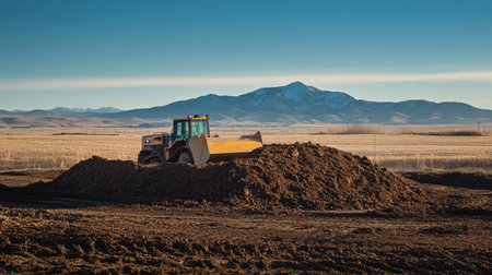 Bulldozer at work in the field. Heavy duty construction equipment.の写真素材