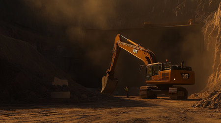 Excavator working in a coal mine. 3D rendering.のeditorial素材