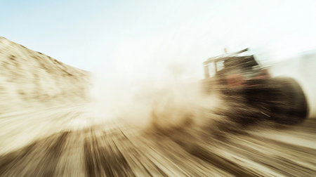 Truck racing on a dirt road. Motion blur. Toned.の写真素材