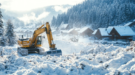 Snow plow working in winter forest. Carpathians, Ukraineの写真素材