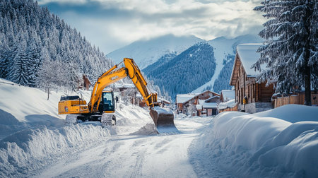 Snow plow clearing the road in the mountains. Winter landscape.