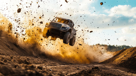 Racing off road car on a dirt track in the mountains.