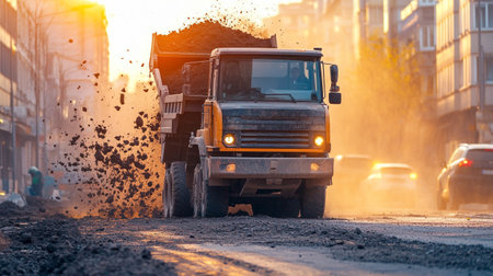 A large dump truck unloads sand and gravel on a construction site.