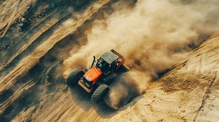 Aerial view of a tractor working on a sand dune.