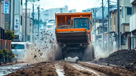 Heavy duty construction machine working on a road construction site in Japan.