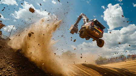 Rear view of an excavator in action during a dirt track raceのeditorial素材