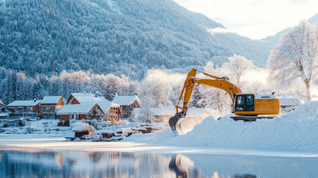 Excavator working on a frozen lake in the mountains. Winter landscape.