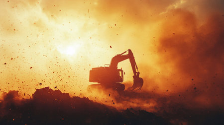 Excavator working on construction site. Heavy machinery working on construction site at sunset or sunrise. Backhoe digs ground for repair and building.の写真素材