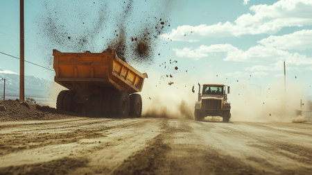 Dump truck unloading sand on a new road construction site.の写真素材