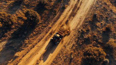Aerial view of a tractor on a dirt road in the countrysideの写真素材
