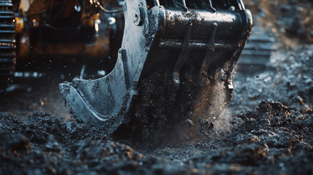 Close-up of excavator digging a hole in the ground.