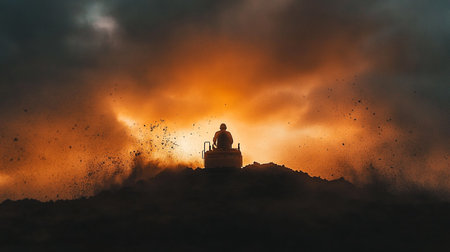 Silhouette of a monk on top of a mountain during sunsetの写真素材