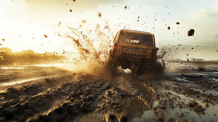 Off-road vehicle splashing mud on the road at sunset.
