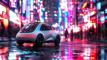 3d rendering of a car on the road with city lights in the background