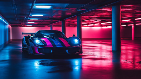 Sport car in underground parking lot with neon lights. Night shot.