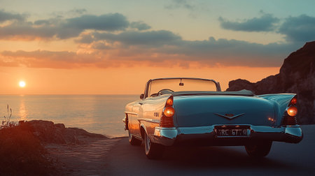 Classic american car on the beach at sunset. 3d render