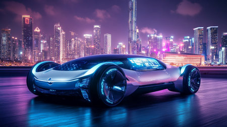 Futuristic car in the city at night. 3d renderingの写真素材