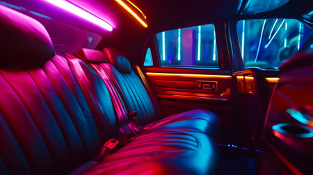 Luxury car interior with red leather seats. Interior of luxury car in neon light.